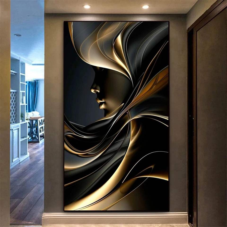 DIY 5D Diamond Painting New Collection Nordic Black Gold Abstract Woman Full Square Round Mosaic Diamond Embroidery Sale Large