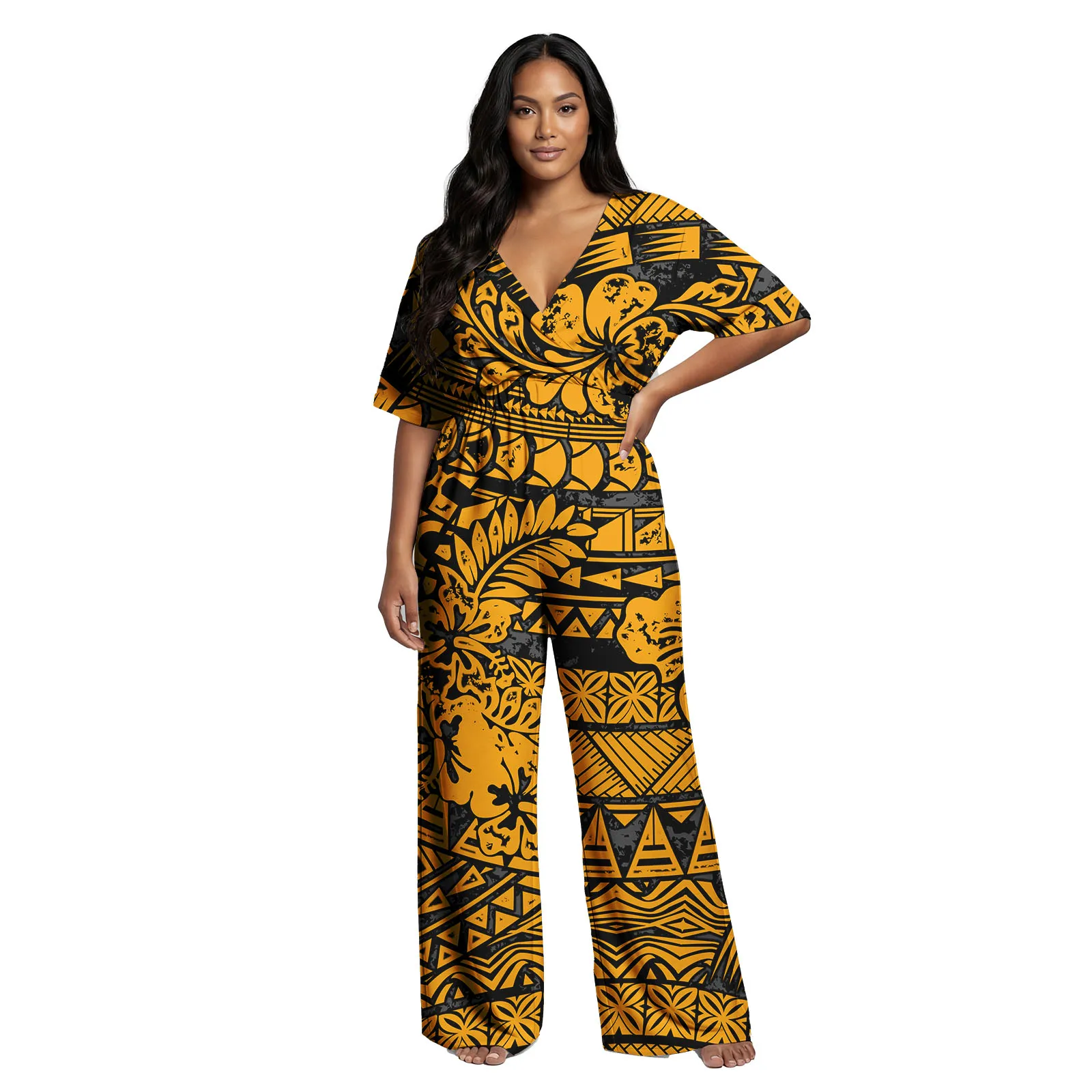 Asia & Pacific Islands Custom Image Clothing Lady V-Neck Samoa Jumpsuit Hawaiian Casual Women Playsuits Polynesian Ladies Romper