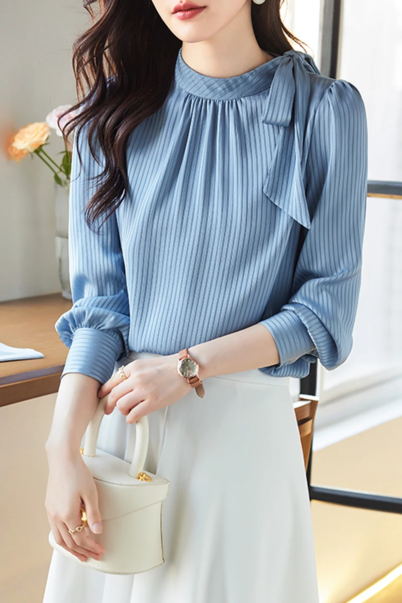 2025 Spring Summer Chiffon Blouse Women Bow Collar Elegant Hem Striped Tops Shirts For Female Size S-2XL