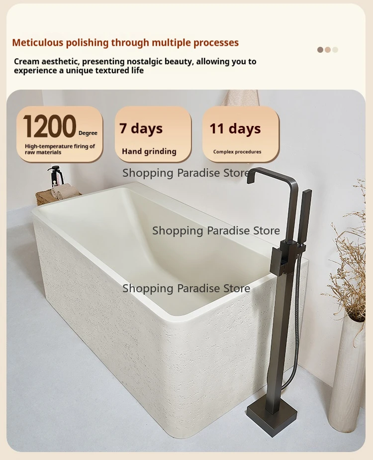 Artistic Travertine Cream Square Freestanding Bathtub Easy-Clean Heat Retaining Custom Body Contour Design Bathtub