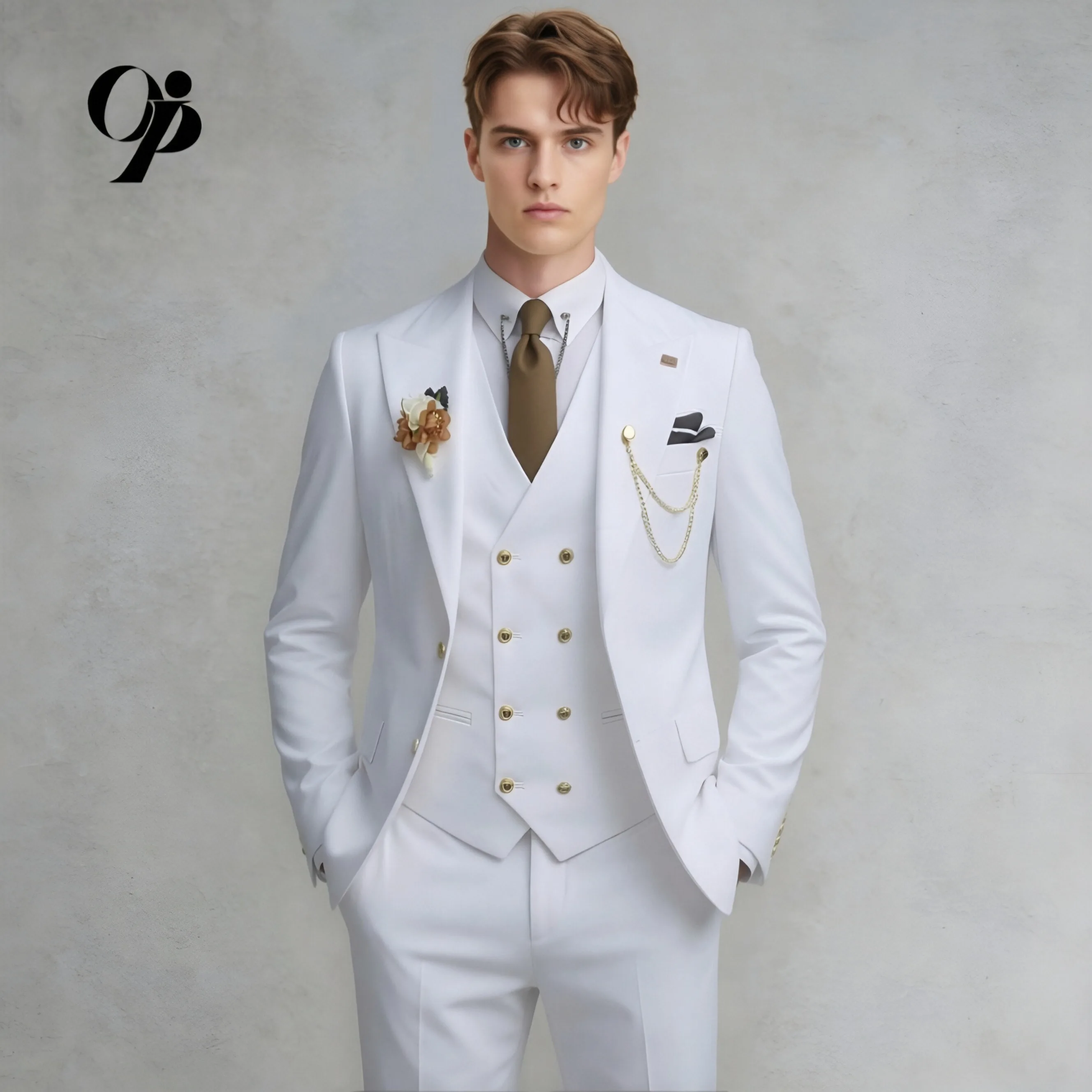 

High Quality 3-Piece Wedding Groom Suit Slim Fit White Peak Lapel Terno Pure Color Elegant Office Business Blazer Customized