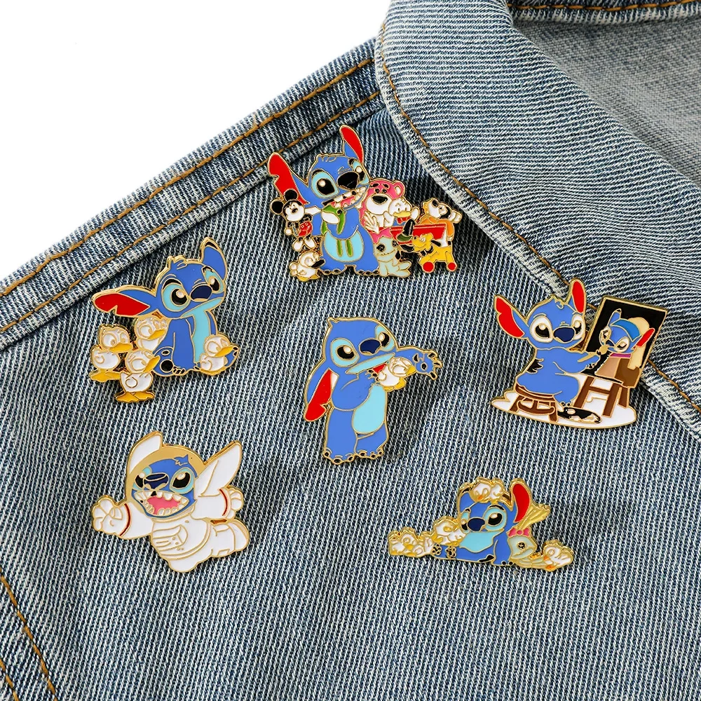 

6pcs Disney Anime Peripheral Cartoon Originality Stitch Cute Metal Badge Clothes Backpack Accessory Brooches Festivals Gift