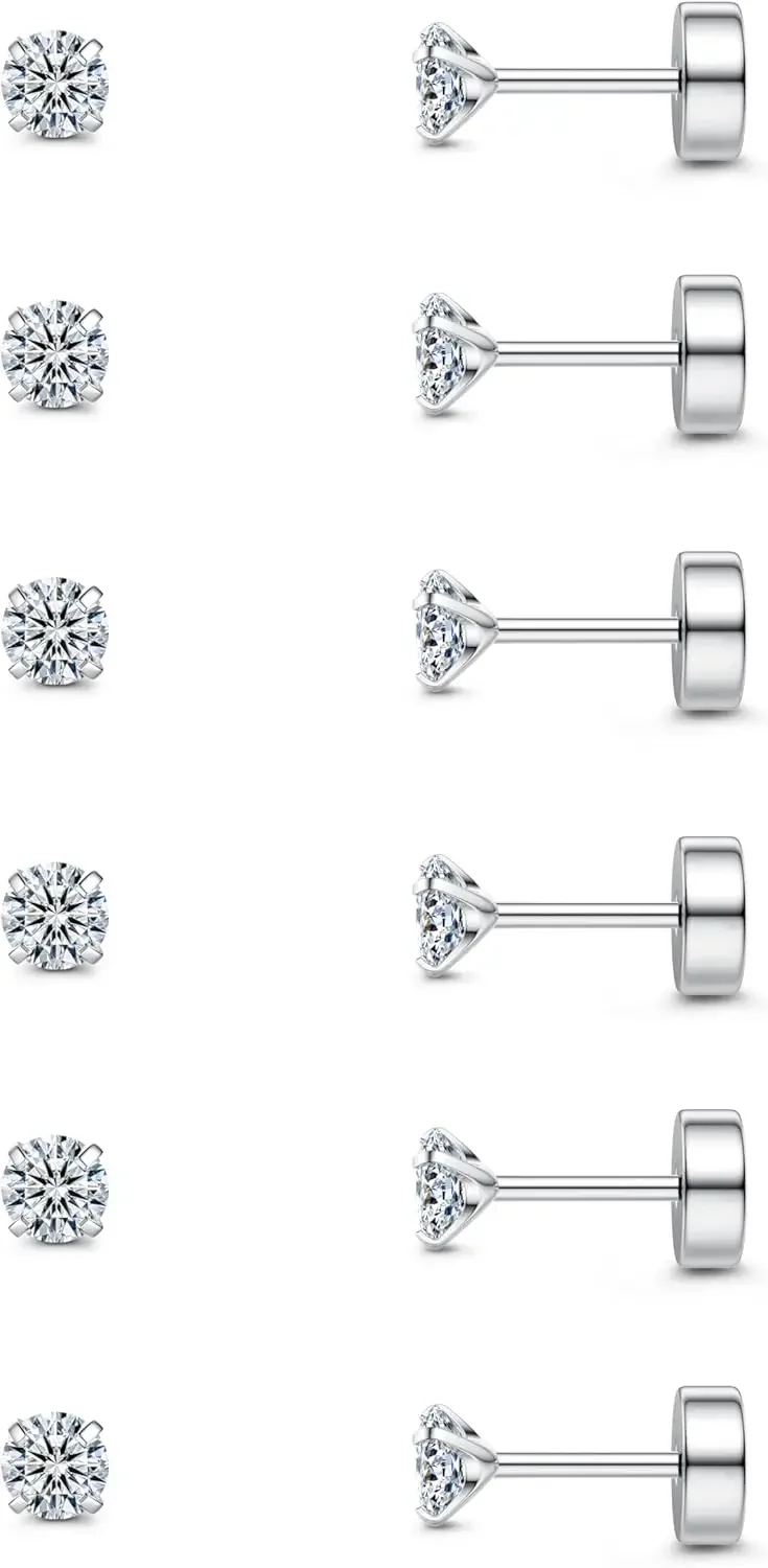 

20G Cartilage Earring Stud for Women Men 316L Surgical Steel Flat Back Set, 2-6mm Round CZ Screw Back