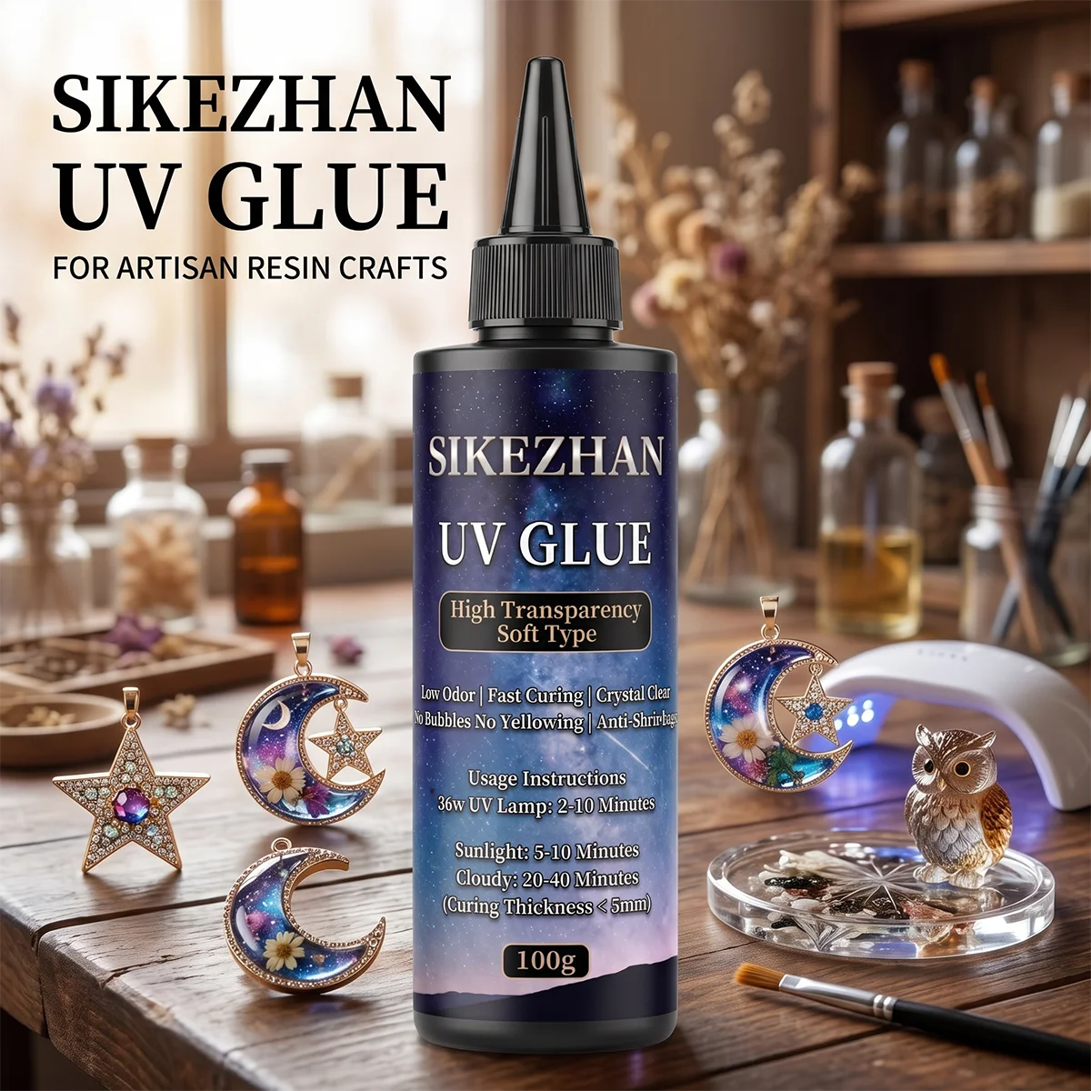 SIKEZHAN 100g Premium Clear UV Resin - Soft Type Fast Curing Solar Adhesive for DIY Jewelry Making & Creative Crafts