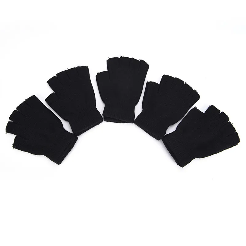 1Pair Black Half Finger Fingerless Gloves Wool Knit Wrist Cotton Gloves Winter Warm Workout Gloves For Women And Men