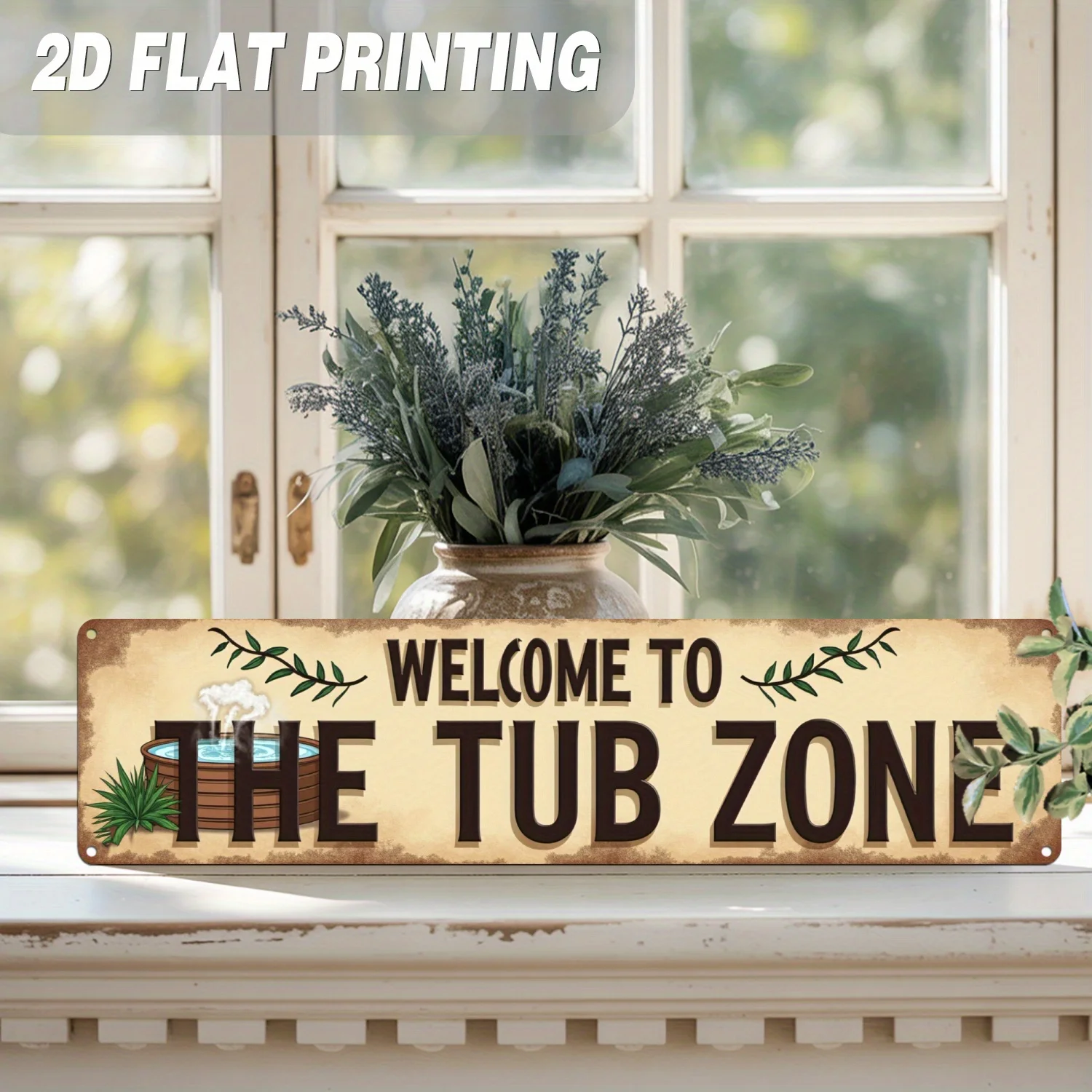 

Металлическая табличка «WELCOME TO THE TUB ZONE» с 2D-печатью, винтажный деревенский стиль, декор для стен с бежевым фоном, иллюстрация гидромассажной ванны