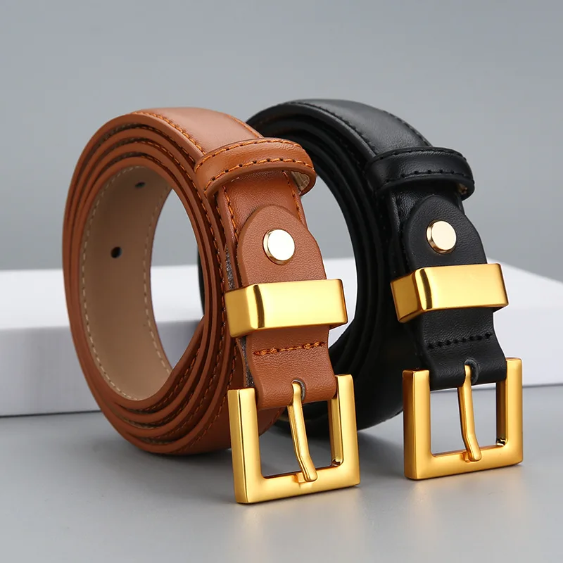 

Women's Luxury Genuine Leather Belt Retro Wearing Fashion Gold Button Jeans Belt Small Design Versatile Thin Belt