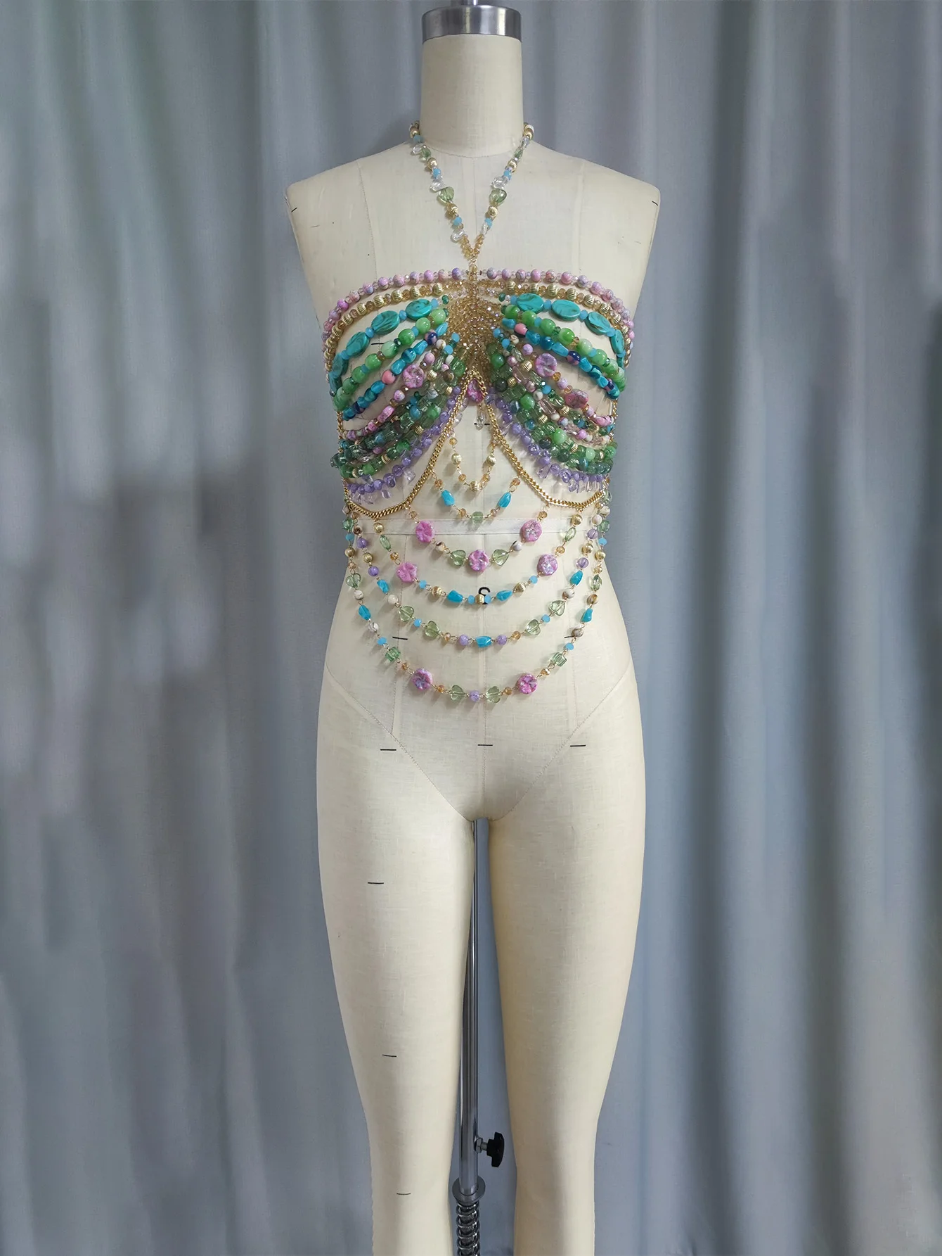 

ZY Handmade Fashion Irregular Crystal Multi Beads Metal Body Chain Halter Neck Hollow Bra Tassel For Party Accessories