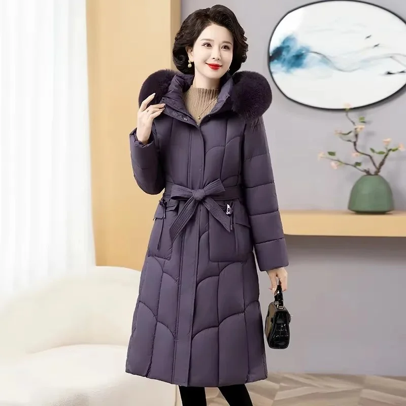 2025 New Winter Women Duck Down Coat Parka Puffer Jackets Long Slim Fur Collar Hooded Mother Parkas Warm Coats Female Outwear