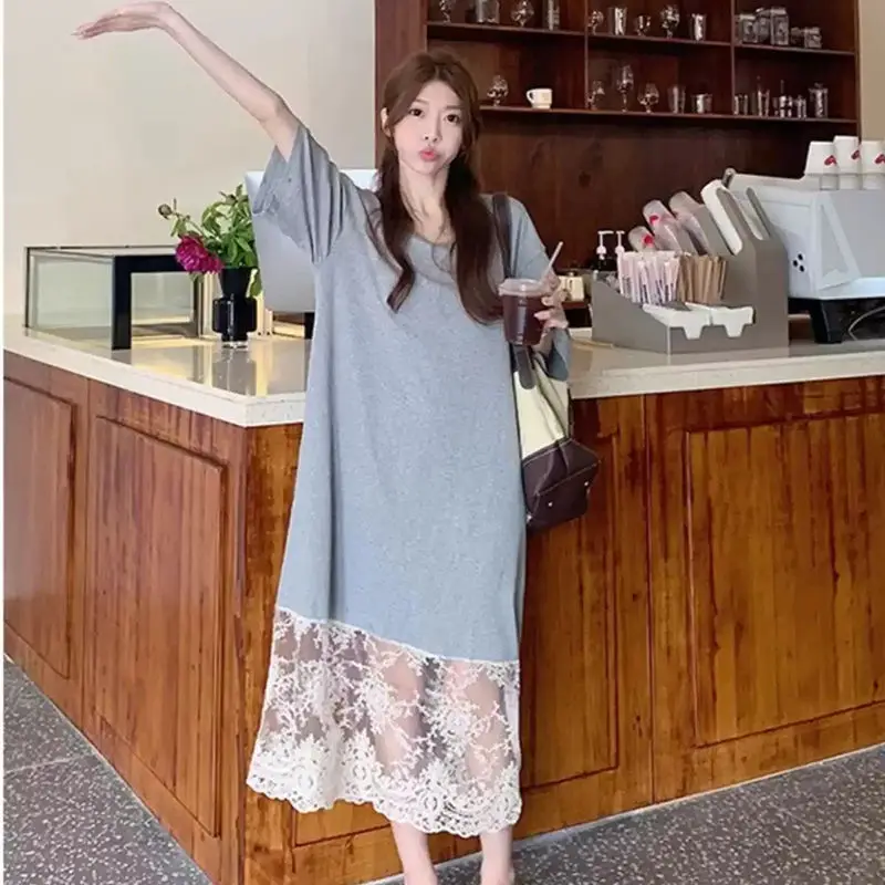 

Fashion O-Neck Spliced Lace Fake Two Pieces Casual Dress Female Clothing Summer New Loose Young Style Short Sleeve Dresses