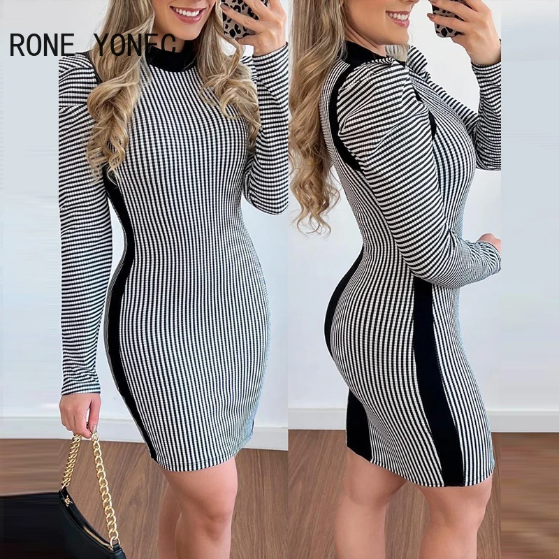 

Women Side Stripe Round Neck Long Puff Sleeves Bodycon Mini Sexy Working Formal Dresses