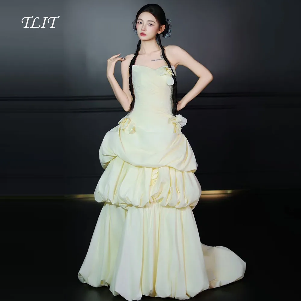 TLIT Elegant Light Yellow Flowers Satin Wedding Dress Strapless Tiered Prom Gown Korea Bridal Dress Photos Shoot Customized