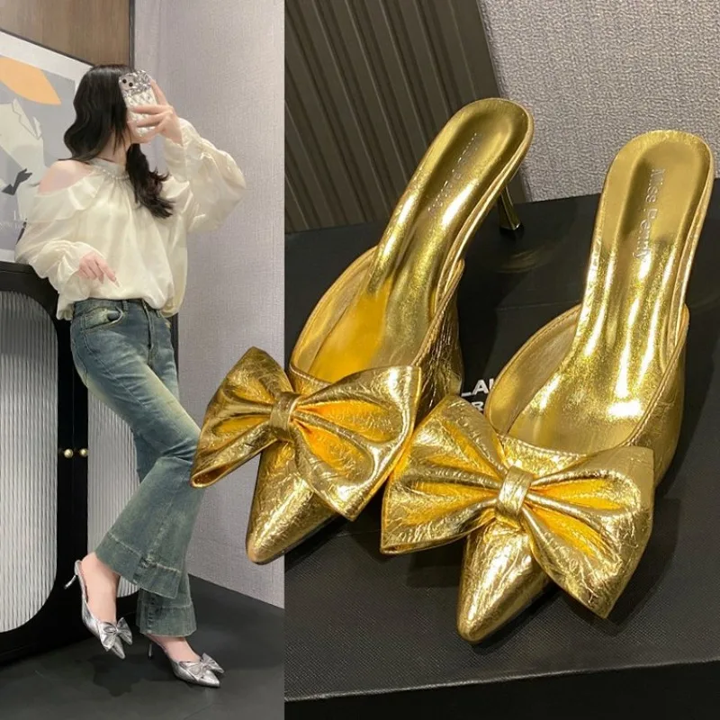 

Fairy Style Cool Slippers for Women's Summer French Pointed Bow Hollow High Heels, Half Wrapped Women's Slippers Plus Size 41 42