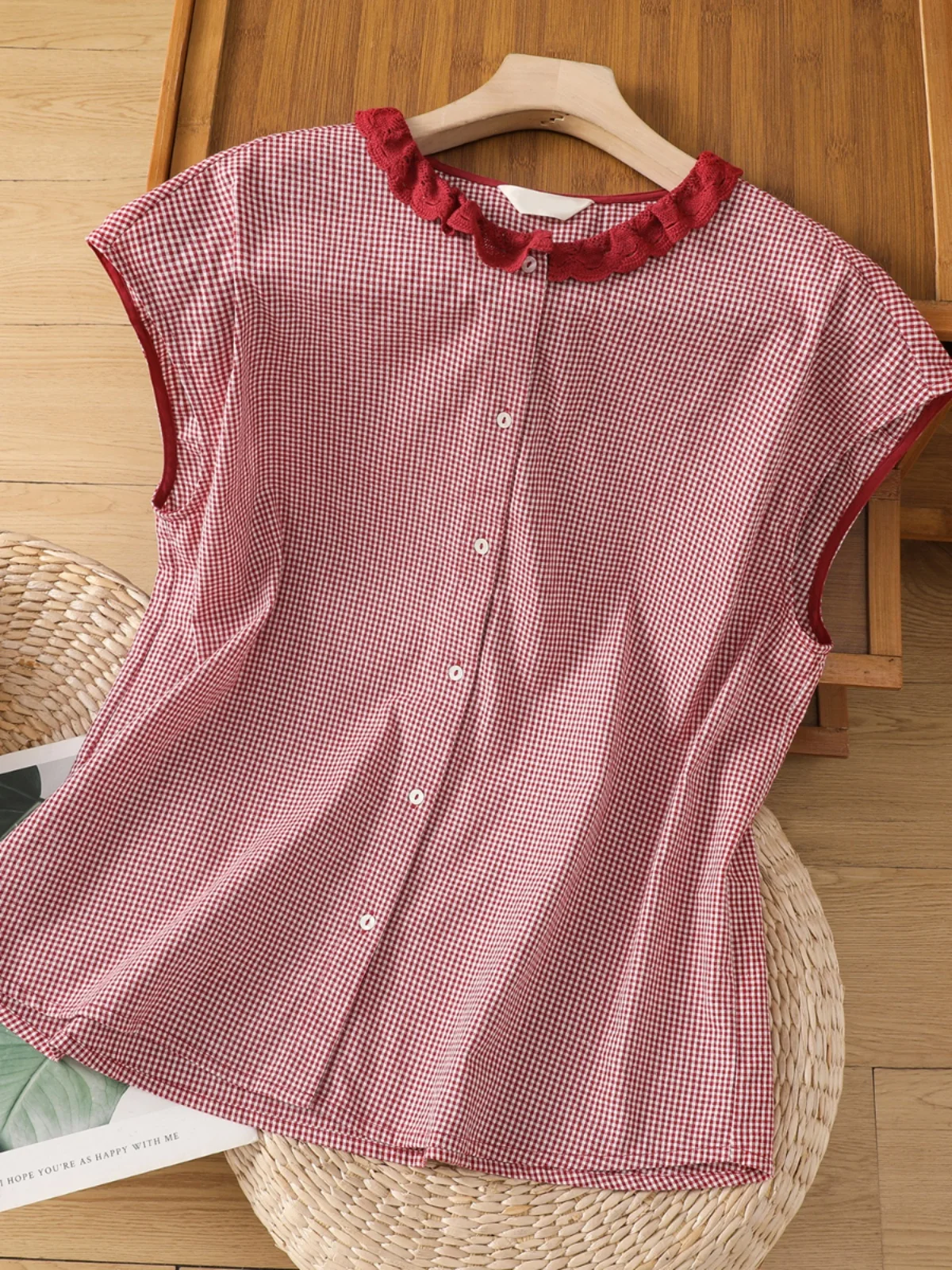 

Retro Floral Lace Collar Loose Women's irt Svel Summer New Sle Versatile Plaid Pattern Casual Wear for And Pe...