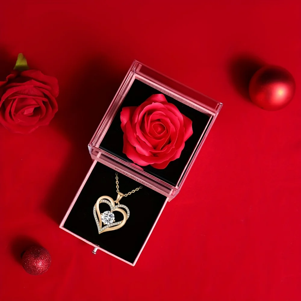 Red Pendant Necklace with Rose Flower Gift Box, for Girlfriend, Romantic Anniversary Party Birthday Wedding Jewelry