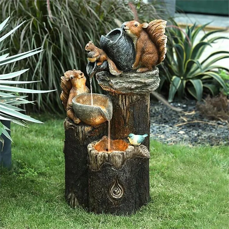 

Duck and Squirrel Fountain Ornament Miniature Outdoor Garden Statue Featuring A Duck Family Ideal for Patios Balconies and Lawns