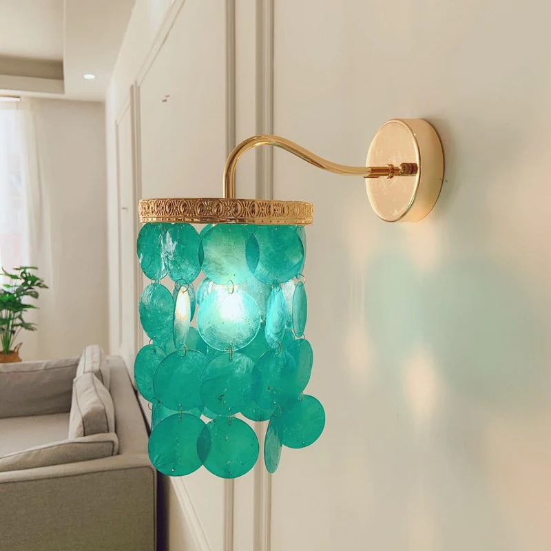 Modern Light Luxury Romantic Bedside Wall Lamp Blue Green/White Shell American Classical French Background Wall Corridor Light