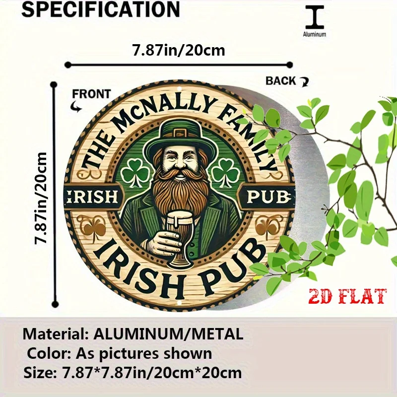 2D Flat, 1pc Vintage Irish Pub Metal Wall Decor - Retro Irish-Themed Round Sign with Leprechaun, Beer Mug & Shamrocks