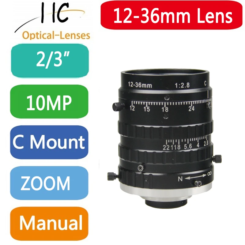 10.0Mega Pixel C-Mount 12-36mm 2/3'' Format low distortion FA/ Machine Vision vari-focal length lenses F2.8 manual Iris