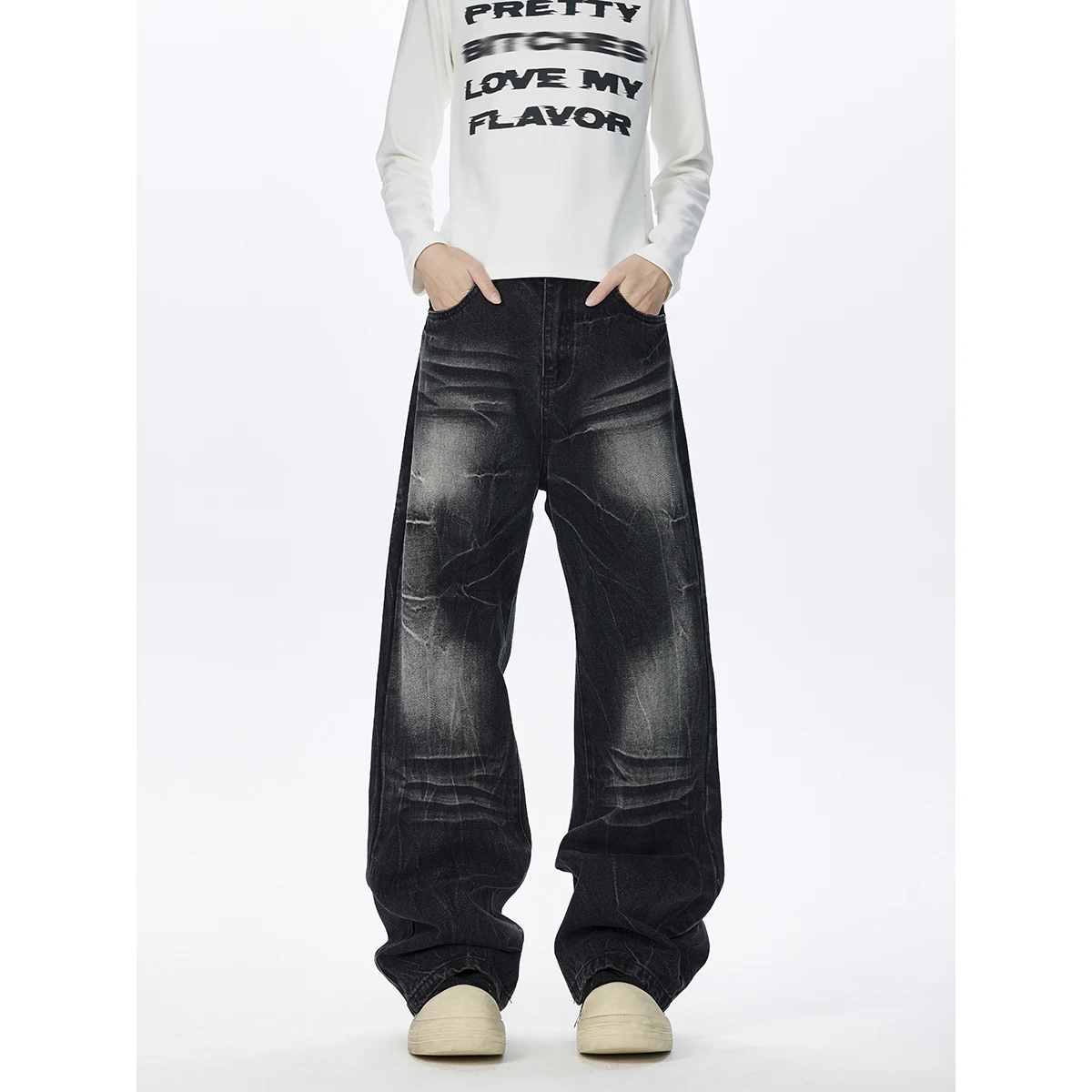 

Мужские свободные прямые джинсы длиной до пола, джинсовые брюки с рисунком молнии, повседневная уличная одежда, модная, удобная