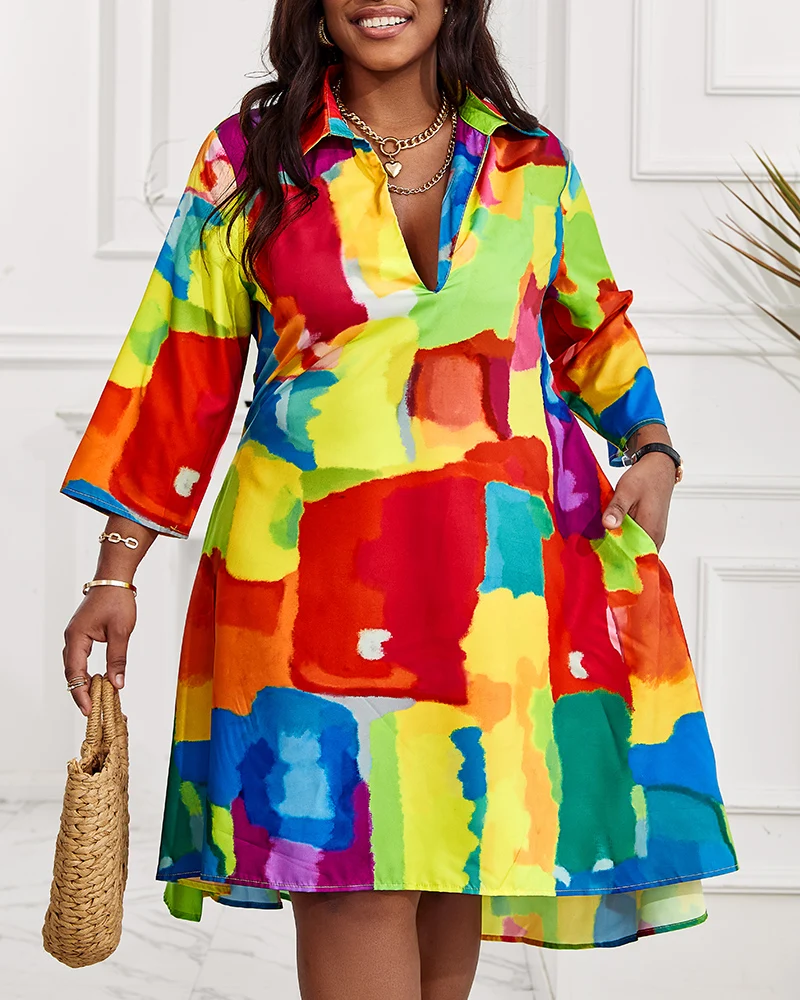 Plus Size Schmelz farben All-Over-Print fließendes Hemd kleid