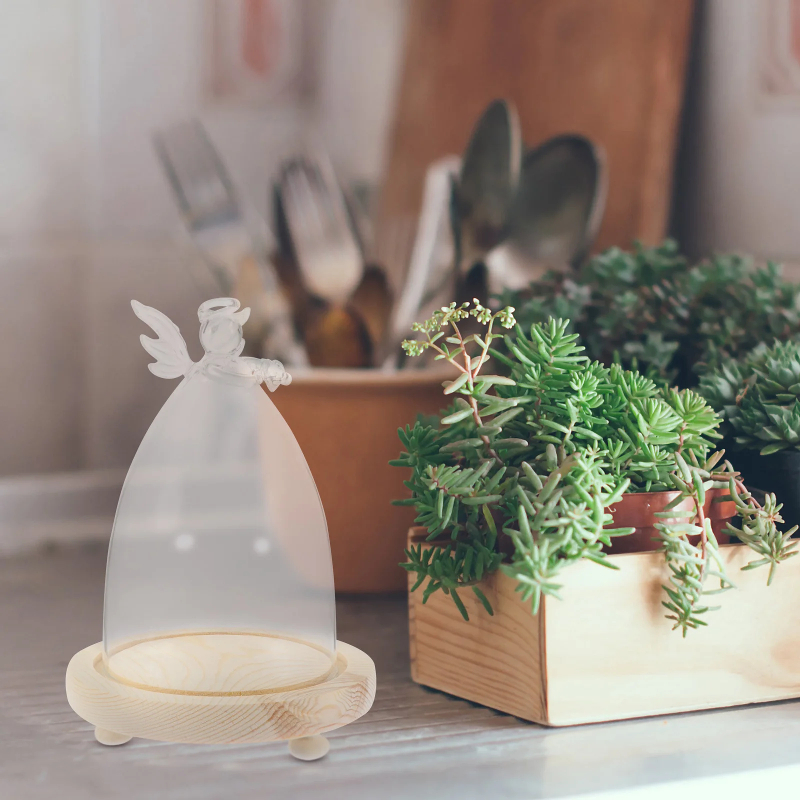 

Preserved Flower Glass Cover Angel Shape Clear Display Dome Glass Bell Jar Micro-Landscape Protector Wood Base Home Decoration