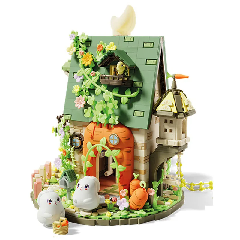 MOC Sprookje Cartoon Bloem Konijn Huis Bouwsteen Set Miniatuur Bos Boom Hut Speelgoed Decor Meisje Verjaardag Jubileumcadeau