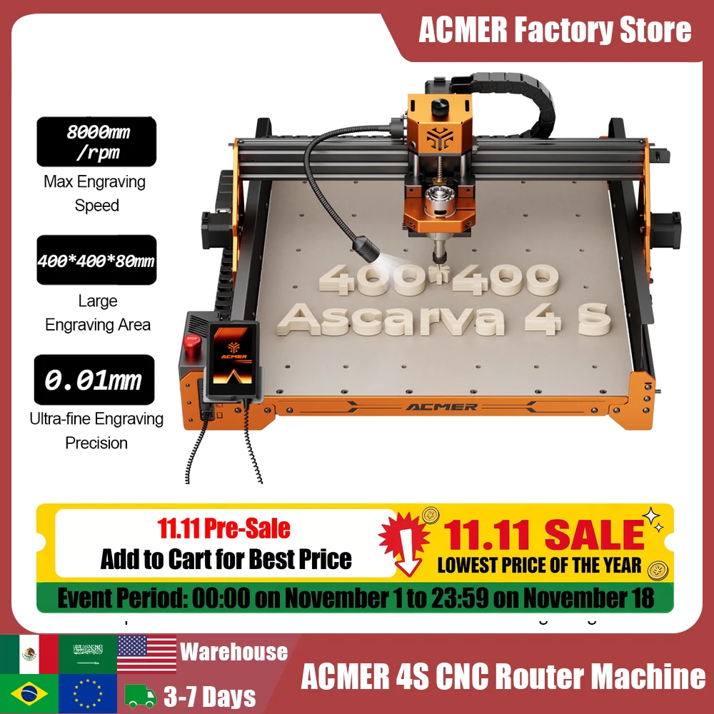 ACMER Ascarva 4S CNC Milling Router Machine Woodworking Engraving Machine 3-Axis 400x400mm For Carving Plastic Wood Acrylic