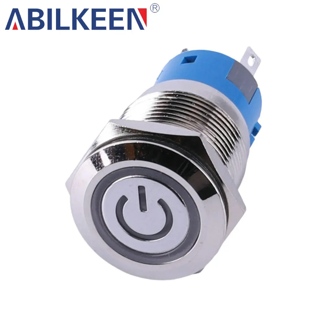 Reliable 19MM Metal Push Button Blue Light Flat Head 1NO 1NC Momentary/Lactching Switch for Electrical Distribution Cabinet