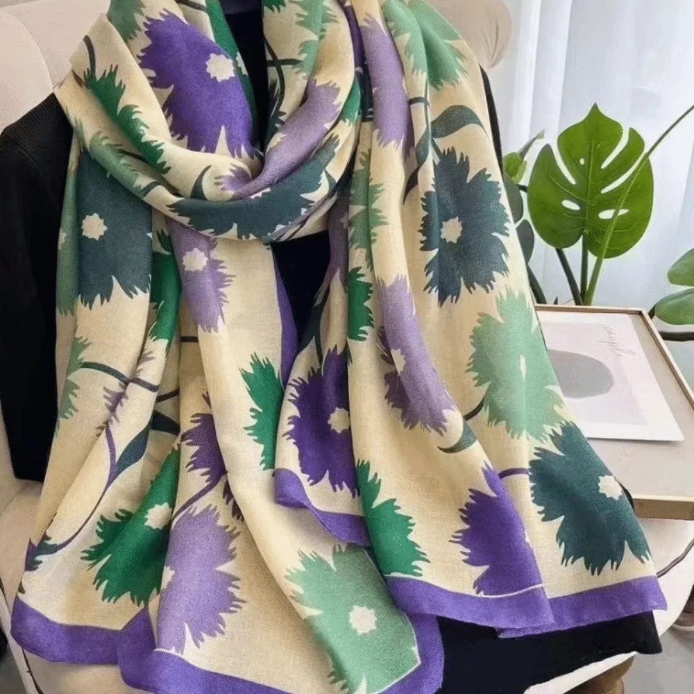 Koreanischen Stil Floral Schal Schals Elegante Baumwolle Leinen Luxus Seide Schal Sonnenschutz Blume Gedruckt Schal Wrap Vier Jahreszeiten