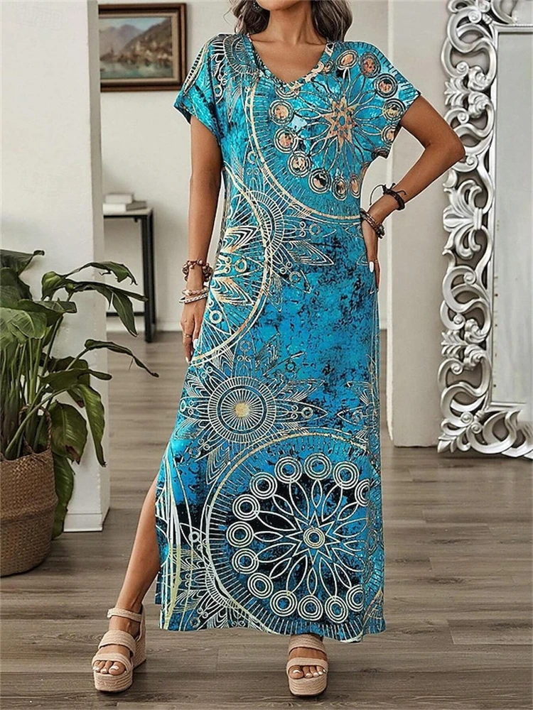 خمر هندسية غير النظامية المطبوعة تي شيرت طويل المرأة الصيف الخامس الرقبة قصيرة الأكمام ألف خط فستان عطلة عادية شق فساتين طويلة