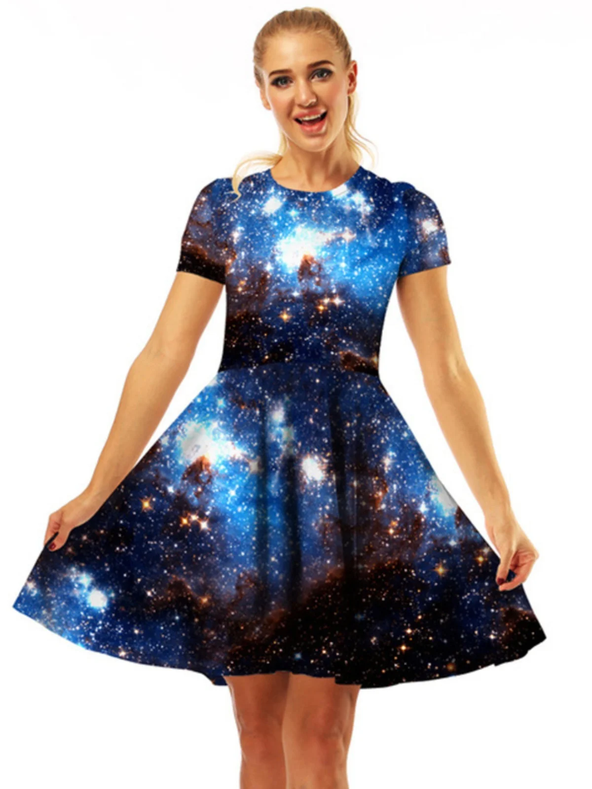 فستان نسائي مطبوع بقصة A مع تنورة ضيقة عند الخصر وأكمام قصيرة بأسلوب الشارع للصيف من قماش واحد 00% #1