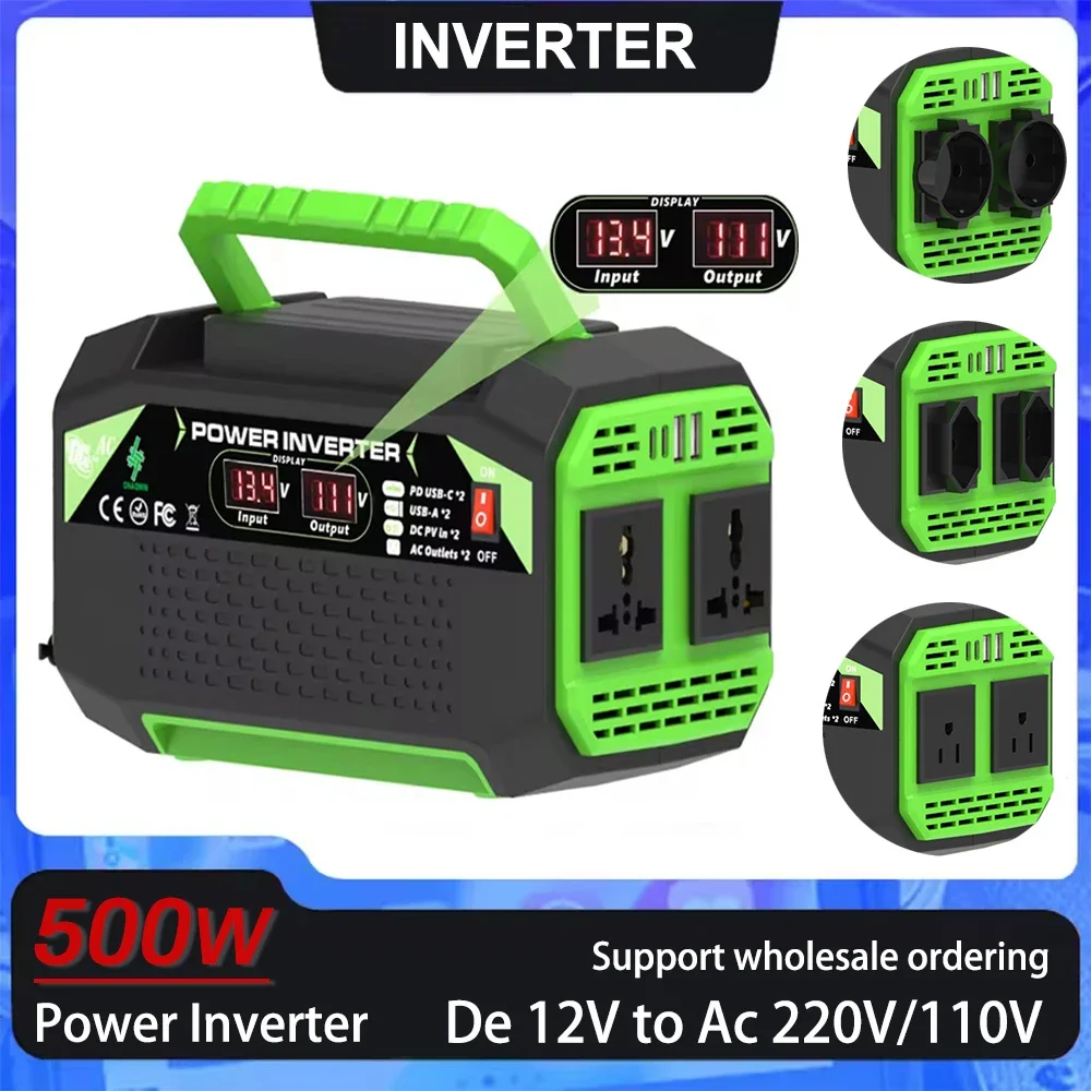 500W power inverter, DC 12V to AC 110V/220V voltage converter, with USB and Type-C ports, suitable for laptops and outdoor use