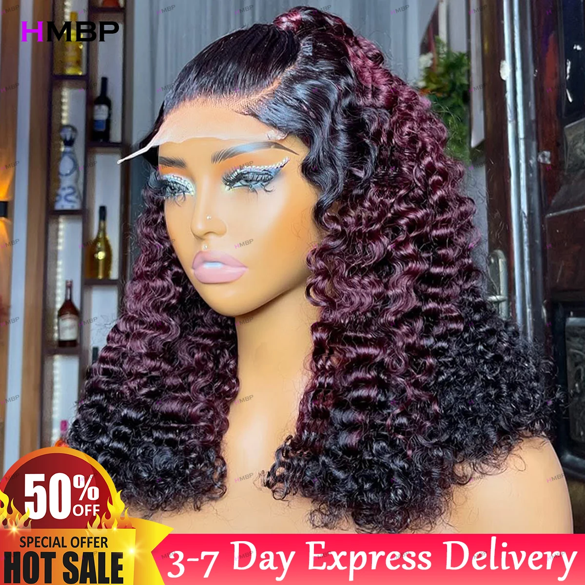 1B/99J/1B Ombre Color 400 Density Kinky Curly Glueless Lace Front Wig Human Hair Preplucked Hair 360/13×6 HD Lace Wig For Women