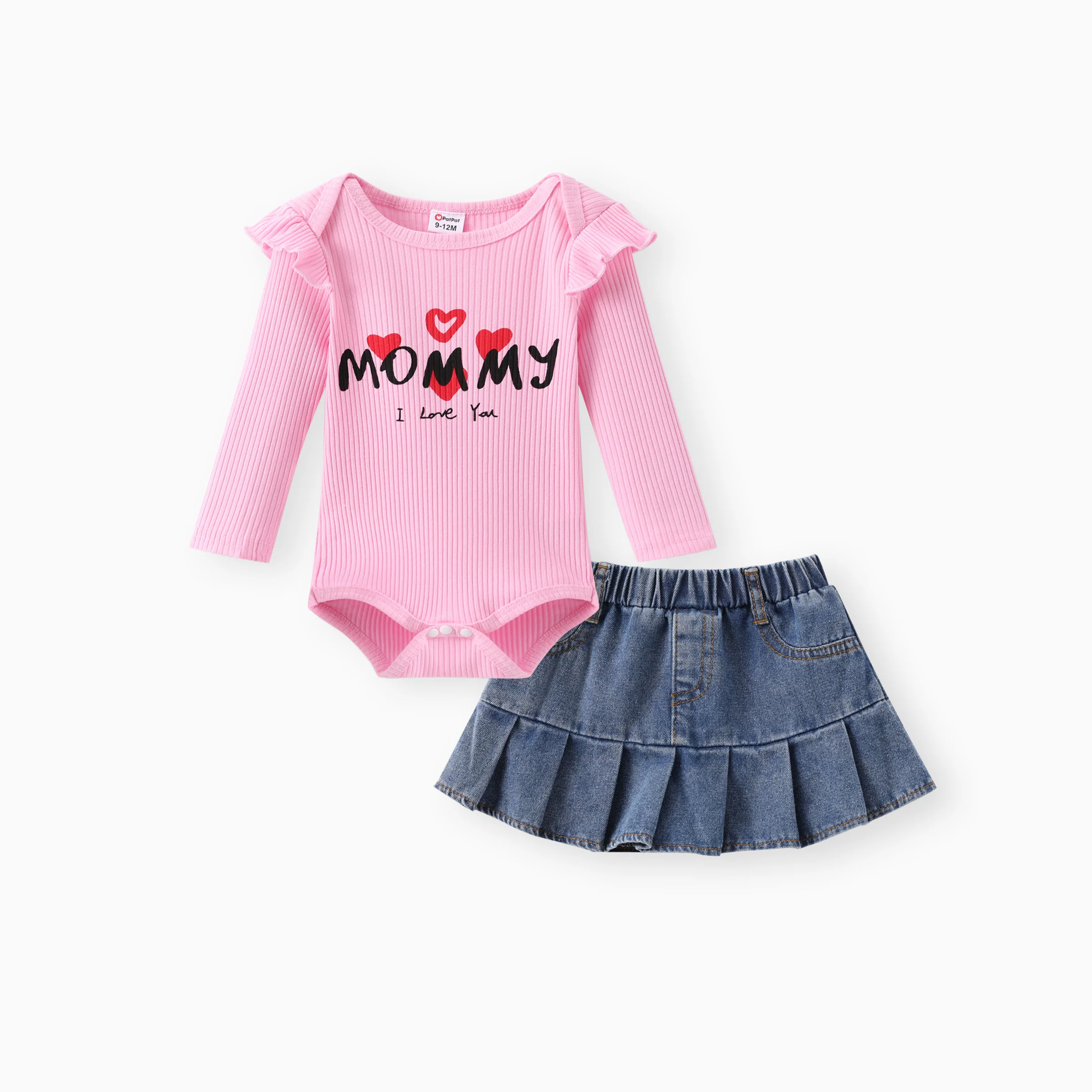

PP PatPat Baby Girl 2pcs Letter Romper and Denim Skirt Set