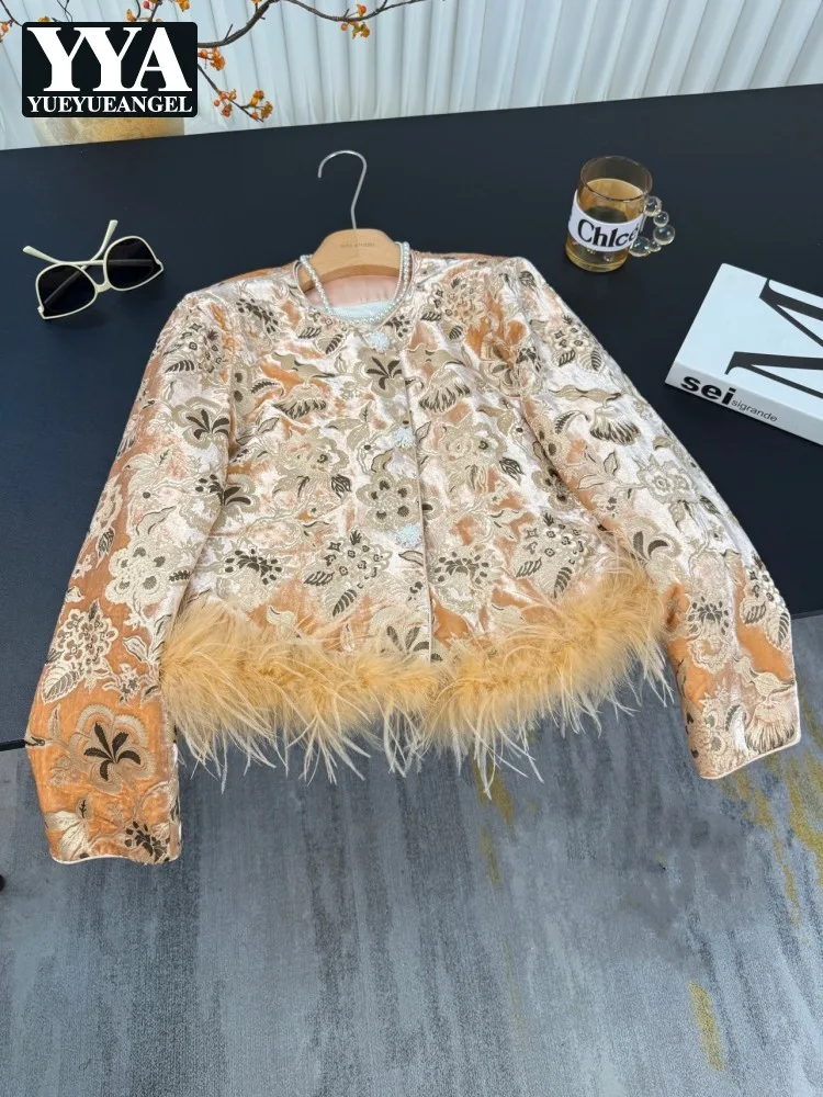 

Elegant Women Winter Down Coat Woolen Flower Embroidery Fashion Feather Design Single Breasted New Chinese Style Short Jacket