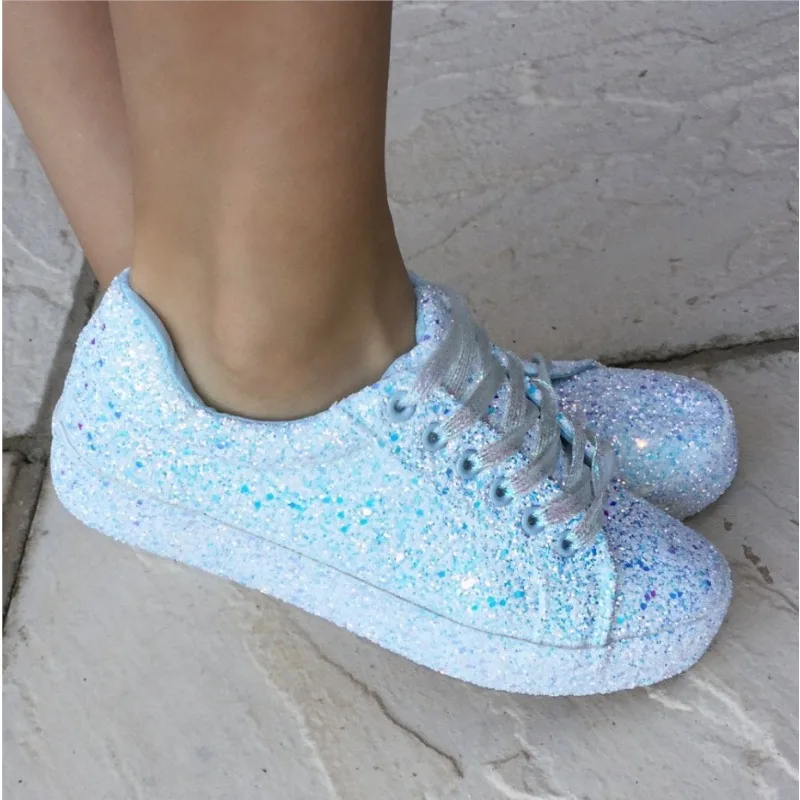 Spring Autumn Casual Glitter Flat Shoes for Women Lace Up Solid Sequin Skate Shoes Breathable Fashion Sneakers Large Size35-43