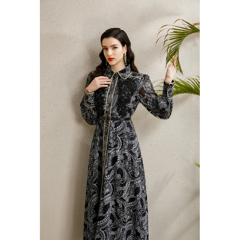 فستان ماكسي نسائي عتيق لخريف 2025 مع حواف ذهبية بروش مطرز بحاشية واسعة ودانتيل أنيق ملابس سهرة رسمية