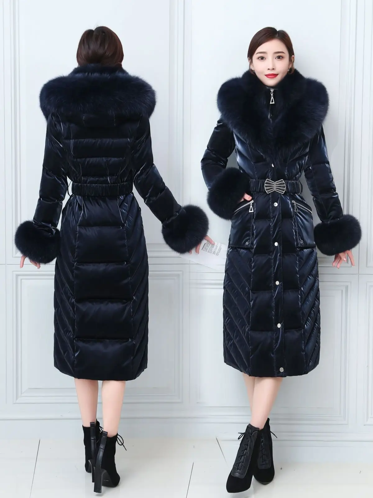 S- 4XL Winter Fake Two Pieces Long Shiny Down Coat Female Thick Warm Waterproof Fluffy Down Fur Coats Real Fox Fur Hooded Parkas