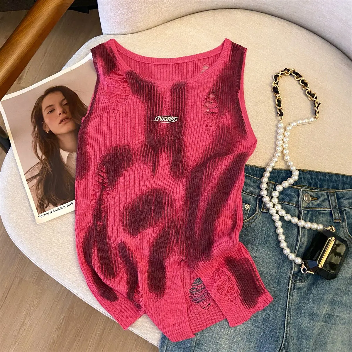 

Women Clothing Sleeveless Knitted Vest Summer New Sweet Irregular Tie-dye Short Top Chic Y2k Vintage T-shirt Tanks