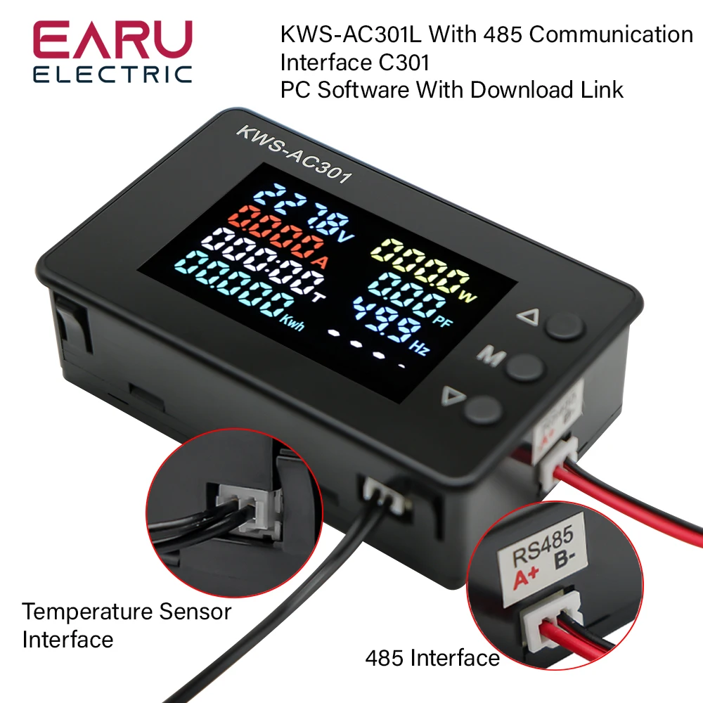Imagem -04 - Digital Power Energia Voltímetro Amperímetro Voltagem Wattmeter Kwh Temperatura Medidor de Eletricidade ac Kws-ac301 Kws-ac300 50300 100a