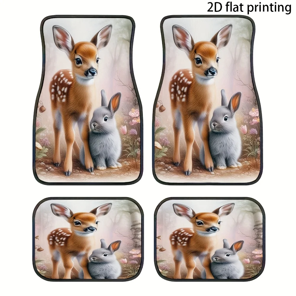 4pcs Car Floor Mats With Deer And Rabbit Forest Pattern Design, Durable And Easy To Clean, Suitable For Most Car, SUV, And RV Mo