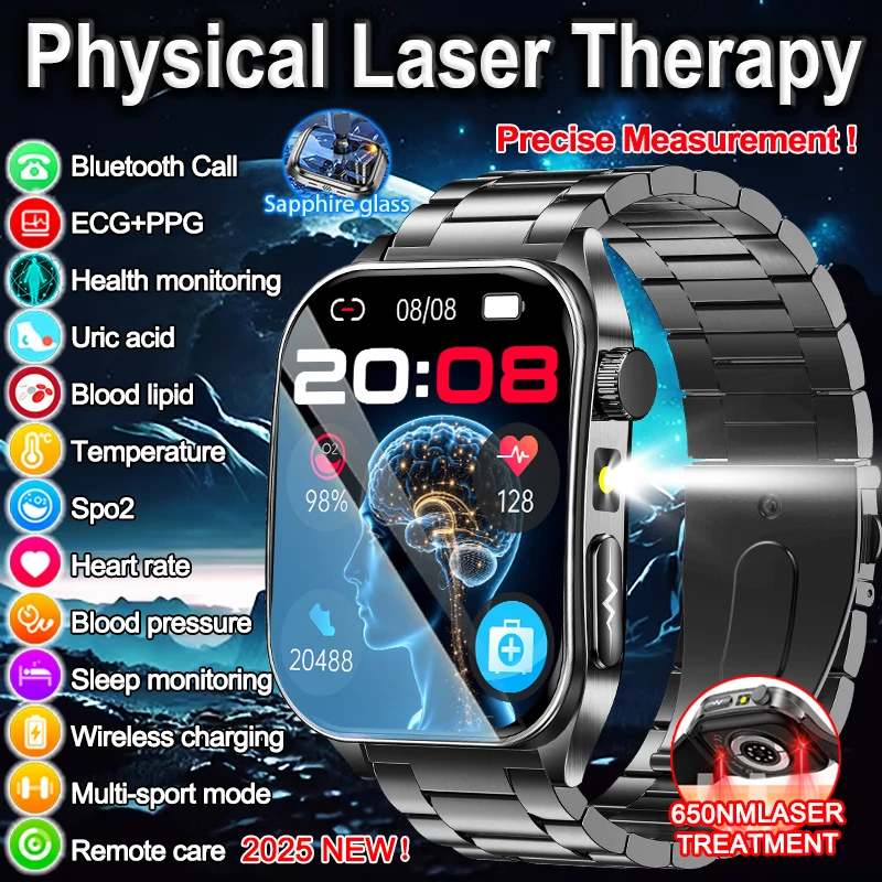 

2025 Brand New Laser Therapy Curve Sapphire Glass ECG+PPG Smart Watch Men Blood Pressure Uric Acid health HD Call Smartwatch Men