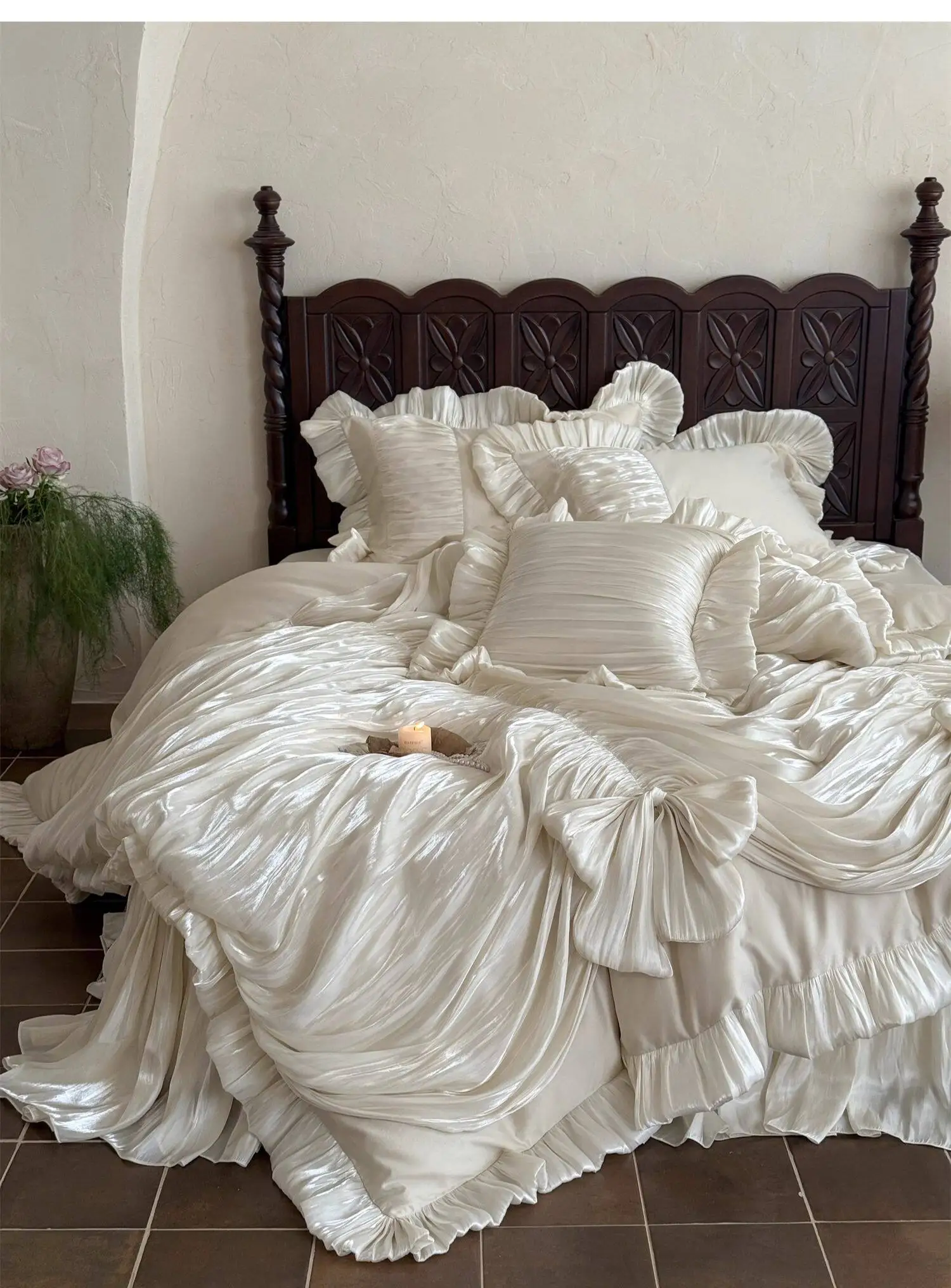 New Retro French Style 3D Oil Painting Floral Duvet Cover Set, Princess Ruffled 100% Cotton Dark Coffee Color 4-in-1 Bedding Set