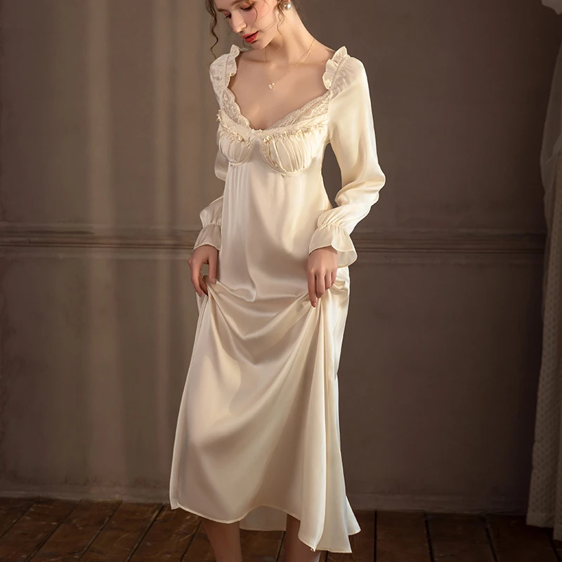 

French Long Nightgown Home Dressing Gown Elegant Square Neck Sleepdress Nightwear Spring Summer New Women Sleepwear Silky Nighty