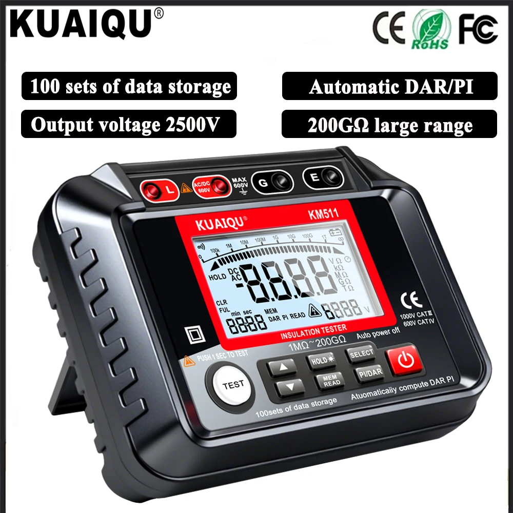 

KUAIQU KM511 Мегометр, высокоточный тестер сопротивления изоляции, Ом, тестер переменного и постоянного напряжения, цифровой мегомметр, инструменты для электрика
