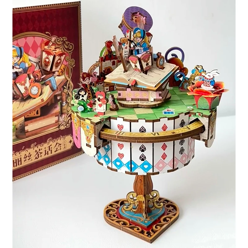 Alice Tea Party Music Box DIY Drewniane zestawy do budowania modeli puzzli 3D z obrotowym stołem Prezent księżniczki dla dziewczynek na urodziny