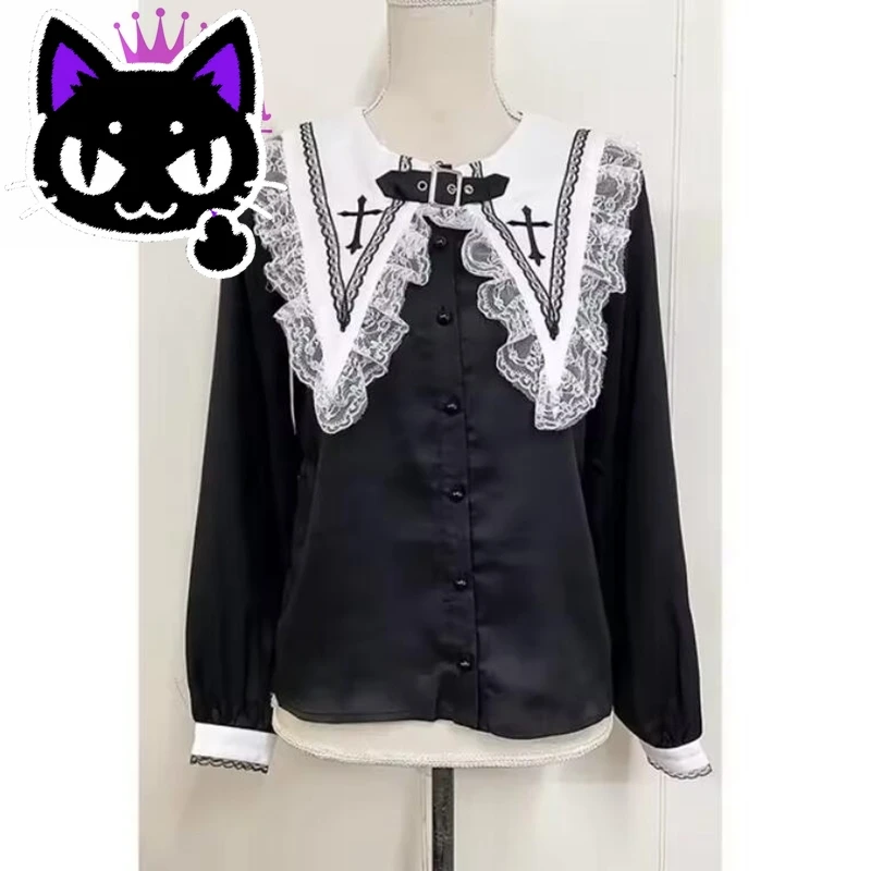 2025 hot sale Gothic Lolita Blouse Fairy Grunge Black White Lace Ruffles Cross Embroidery Long Sleeve Shirt Harajuku Y2K Japanes