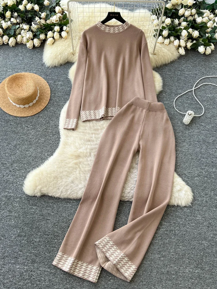 SINGREINY-Conjunto de suéter de pata de gallo para mujer, Jersey holgado + Pantalones largos de pierna ancha, trajes de punto informales de invierno, novedad de 2025