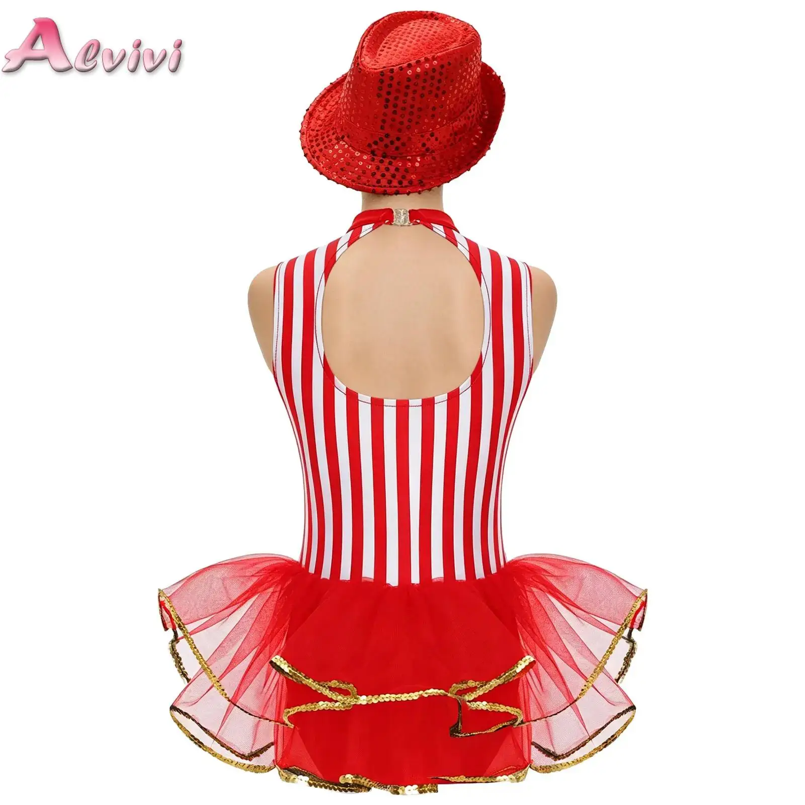 Kids Girls Jazz Dance Performance Costume Sequined Trim Mock Neck Open Back Tulle Skirted Striped Leotard with Sequins Hat
